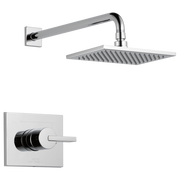 Chrome shower trim with square rainfall showerhead and wall-mounted arm, paired with matching control valve trim plate.