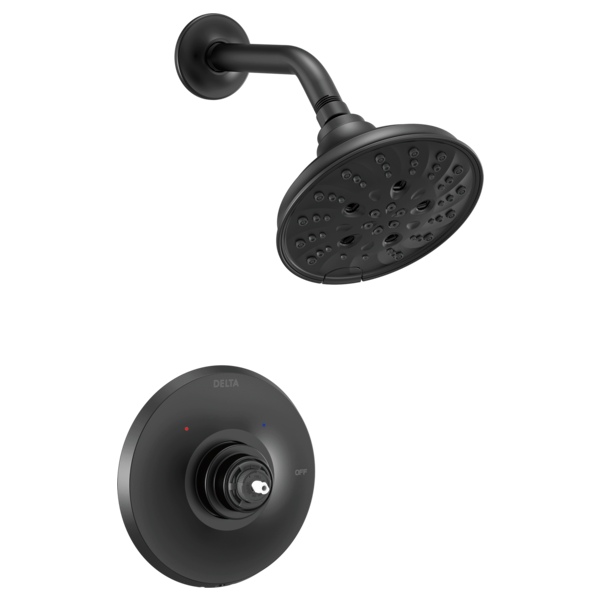 Black shower trim with round showerhead and curved arm mounted on round escutcheon plate with central valve opening.