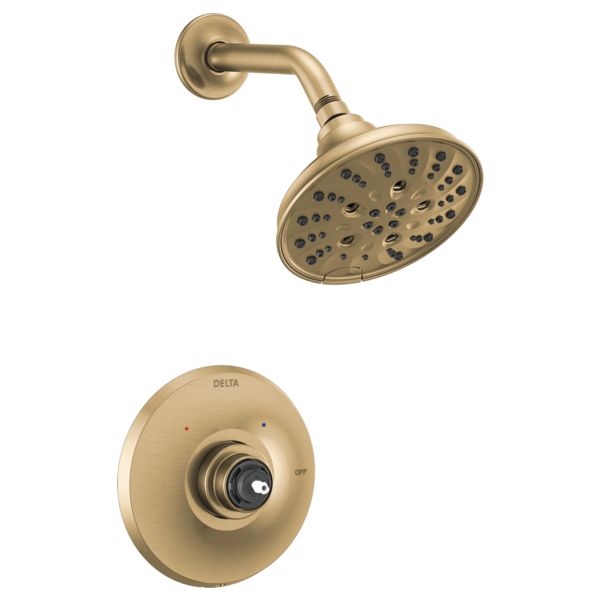Champagne bronze shower trim with round showerhead and curved arm, featuring circular trim plate with control dial.