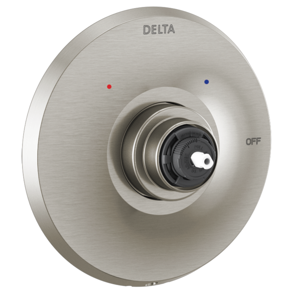 Brushed nickel Delta shower trim plate with centered rotary dial control, red and blue indicator dots, and OFF marking.