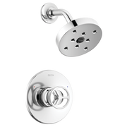 Chrome shower trim with round showerhead featuring multiple spray jets and wall-mounted control valve with dial handle.
