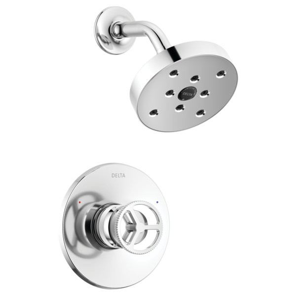 Chrome shower trim with round showerhead featuring multiple spray jets and wall-mounted control valve with dial handle.
