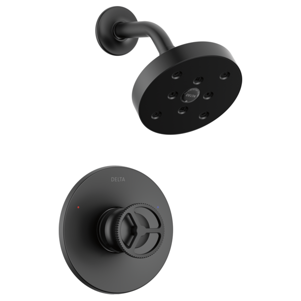 Black Delta Trinsic shower trim with round wall plate, curved arm, and multi-jet showerhead with control dial.