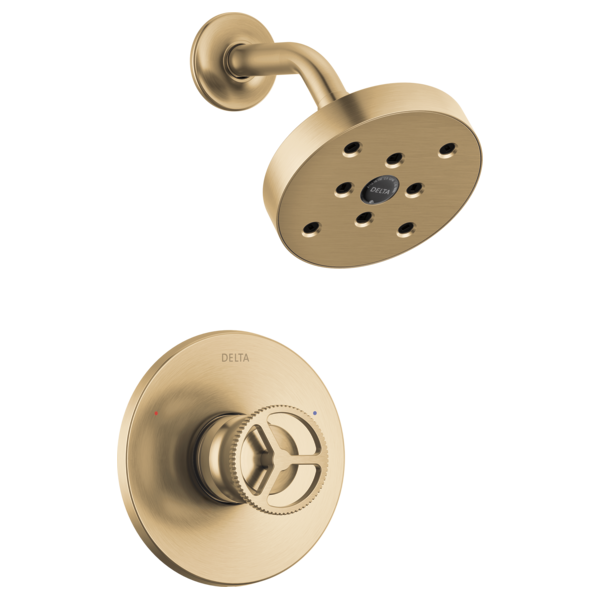 Champagne bronze shower trim with round wall plate, curved arm, and multi-spray showerhead with control handle.