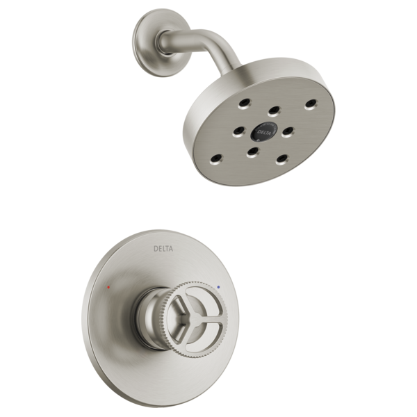 Brushed nickel shower trim with round showerhead and circular wall-mounted control valve.