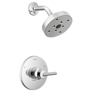 Chrome shower trim with round showerhead and curved arm mounted to circular valve plate with single lever handle.