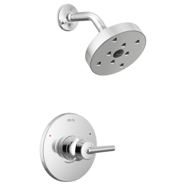 Chrome shower trim with round showerhead and curved arm mounted to circular valve plate with single lever handle.