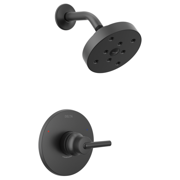 Matte black shower trim with round showerhead, curved arm, and single-lever valve control.