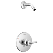 Chrome shower trim with round wall plate, single lever handle, and curved arm spout without showerhead.