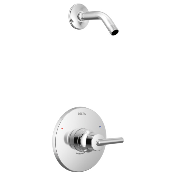 Chrome shower trim with round wall plate, single lever handle, and curved arm spout without showerhead.