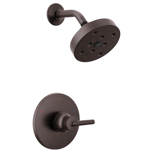 Bronze shower trim with round showerhead and control valve featuring temperature indicator dots.