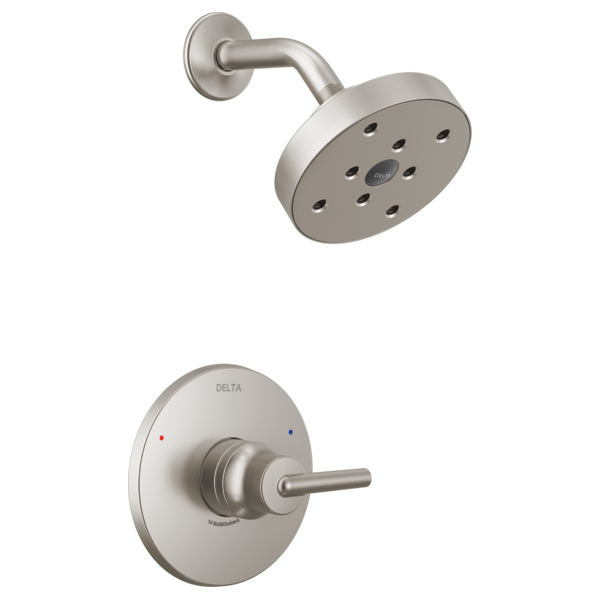 Brushed nickel shower trim with round showerhead and wall-mounted control valve handle.
