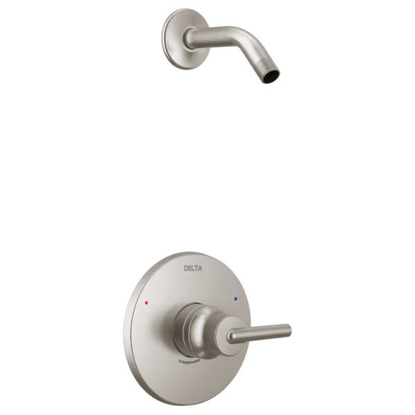 Brushed nickel shower trim with round wall plate, single lever handle, and curved arm outlet without showerhead.