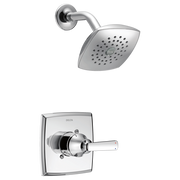 Chrome shower trim with square showerhead and angled arm mounted on wall, single-lever valve control below.