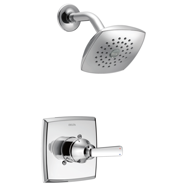 Chrome shower trim with square showerhead and angled arm mounted on wall, single-lever valve control below.