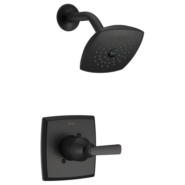 Black Delta Ashlyn shower trim with square showerhead, curved arm, and lever handle control valve.