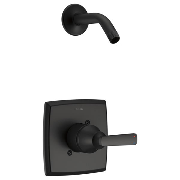 Black Delta Ashlyn shower trim with square wall plate, control lever, and curved arm outlet against white background.