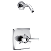 Chrome shower trim with curved arm spout and square escutcheon valve control with lever handle.