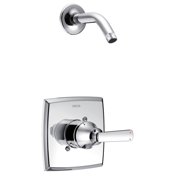 Chrome shower trim with curved arm spout and square escutcheon valve control with lever handle.