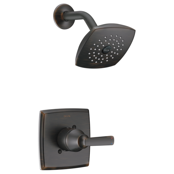 Matte black shower trim with square showerhead and single-handle valve control.