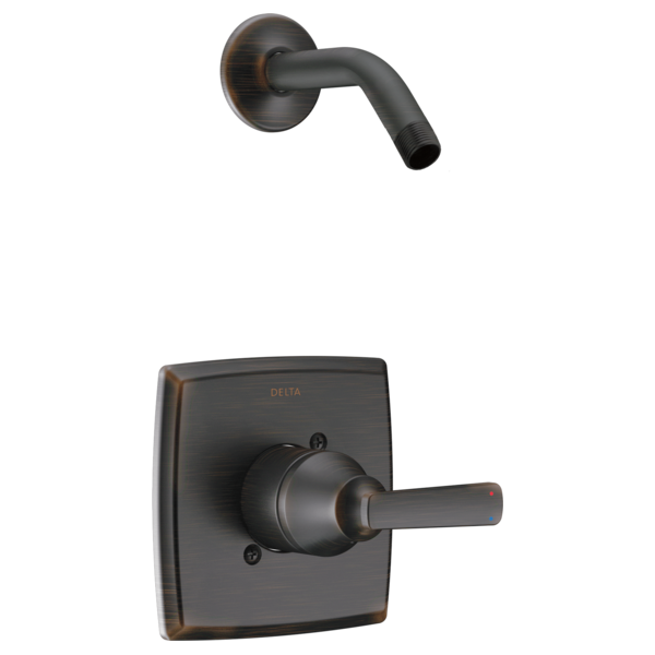 Delta Ashlyn shower trim in matte black with curved arm and square valve body, without showerhead.