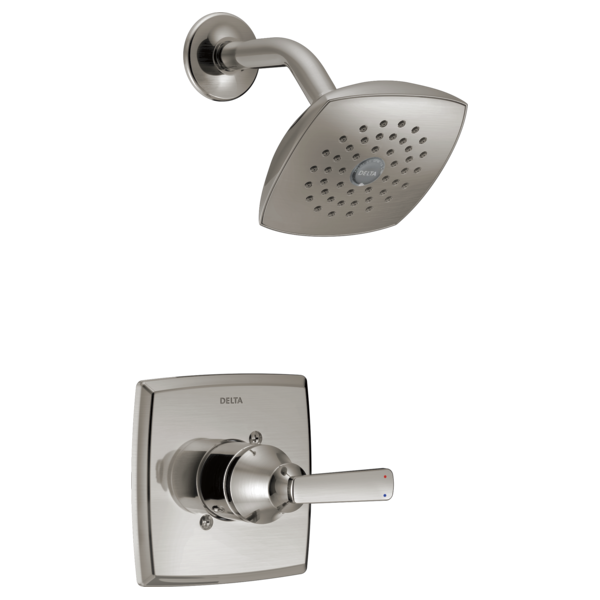 Chrome shower trim with square showerhead featuring perforations and wall-mounted control valve with lever handle.