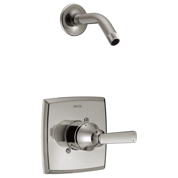 Brushed nickel shower trim with curved arm and single lever control valve, no showerhead included.