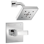 Chrome shower trim with square showerhead, curved arm, and matching wall-mounted valve control plate.