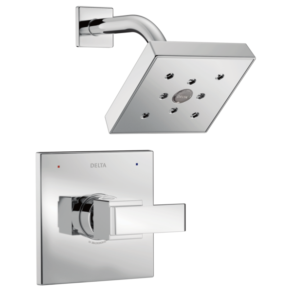 Chrome shower trim with square showerhead, curved arm, and matching wall-mounted valve control plate.