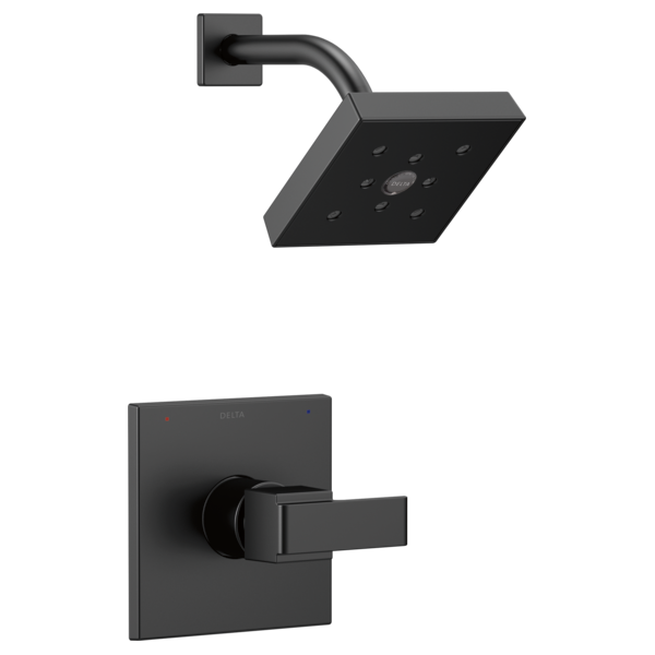 Black matte shower trim with square wall-mounted trim plate, lever handle, and rectangular showerhead with multiple spray hol