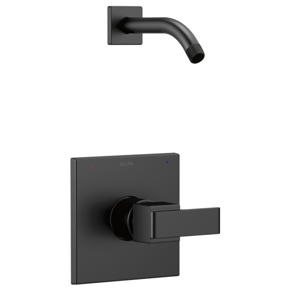Black matte shower trim with square wall plate, lever handle, and curved spout outlet without showerhead.