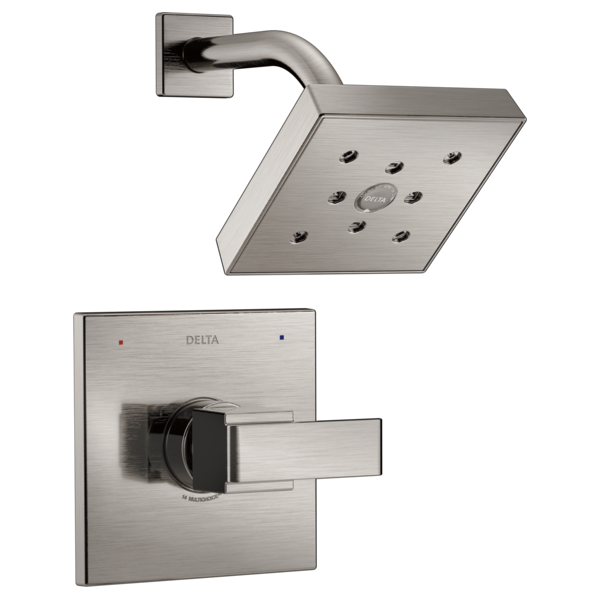 Brushed nickel shower trim with square wall plate, lever handle, and rectangular showerhead with multiple spray jets.