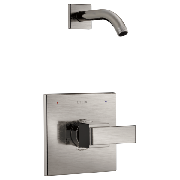 Brushed nickel shower trim with square wall plate, lever handle, and curved arm spout without showerhead.