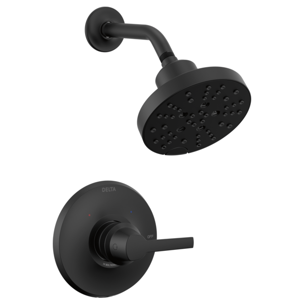Matte black shower trim with round showerhead, curved arm, and circular valve trim plate with lever handle.