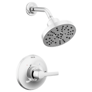 Chrome shower trim kit with round showerhead and single-lever valve control.