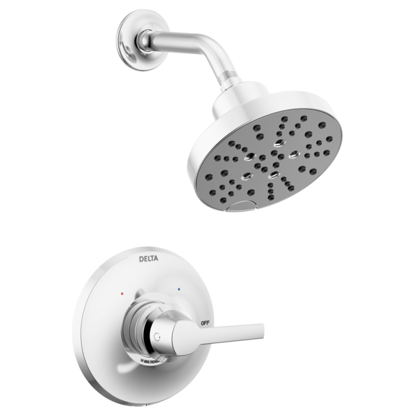 Chrome shower trim kit with round showerhead and single-lever valve control.