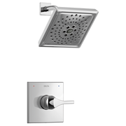 Chrome square shower head with perforated spray pattern and matching wall-mounted control valve with single lever handle.