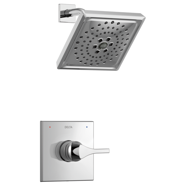 Chrome square shower head with perforated spray pattern and matching wall-mounted control valve with single lever handle.