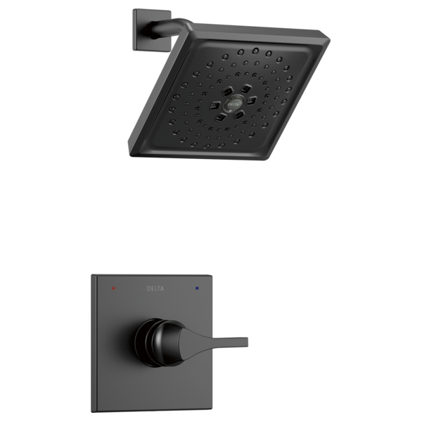 Black square shower head with perforated spray face and matching wall-mounted control valve with lever handle.