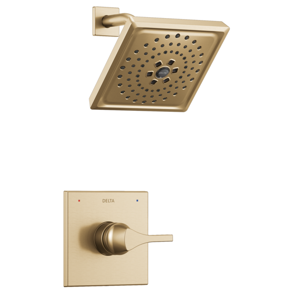 Champagne bronze square showerhead with perforations and matching wall-mounted trim valve with lever handle.