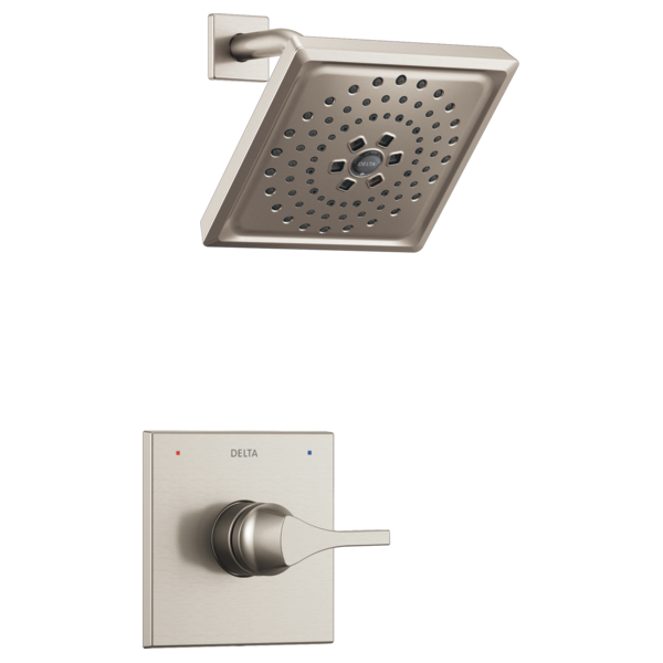 Brushed nickel square shower head with multiple spray holes and matching wall-mounted control valve trim.