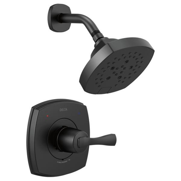 Black Delta Stryke shower valve with curved arm, square showerhead, and lever handle mounted on wall plate.