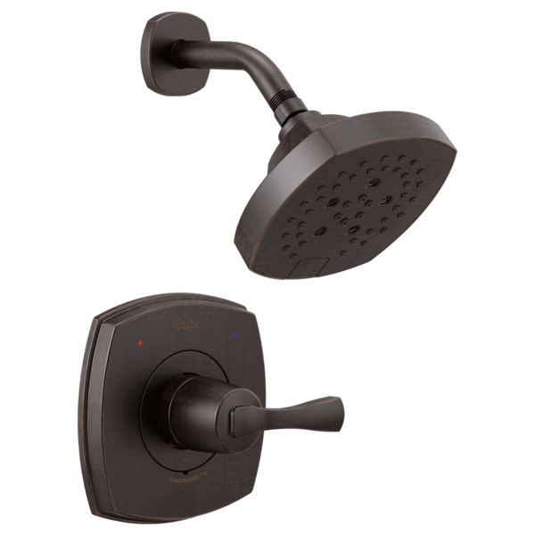 Dark bronze shower valve with lever handle and overhead showerhead with perforated spray pattern.