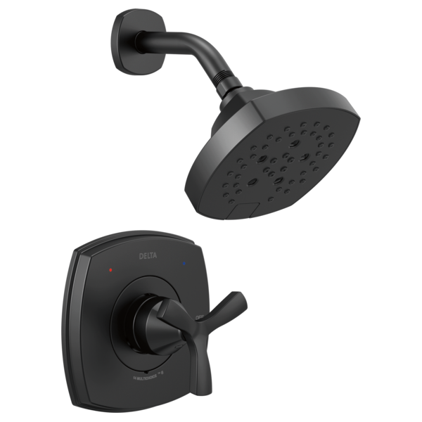 Black Delta Stryke shower system with square wall-mounted trim plate, cross handle, curved arm, and rainfall showerhead with 