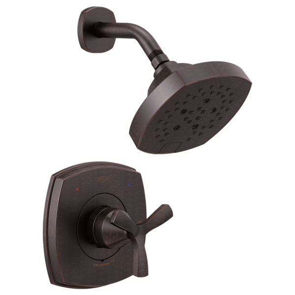 Black shower valve with curved arm and round showerhead, plus wall-mounted trim plate with cross handle.