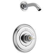 Chrome shower trim with curved arm spout and round trim plate featuring temperature dial marked with H, C, and OFF positions.