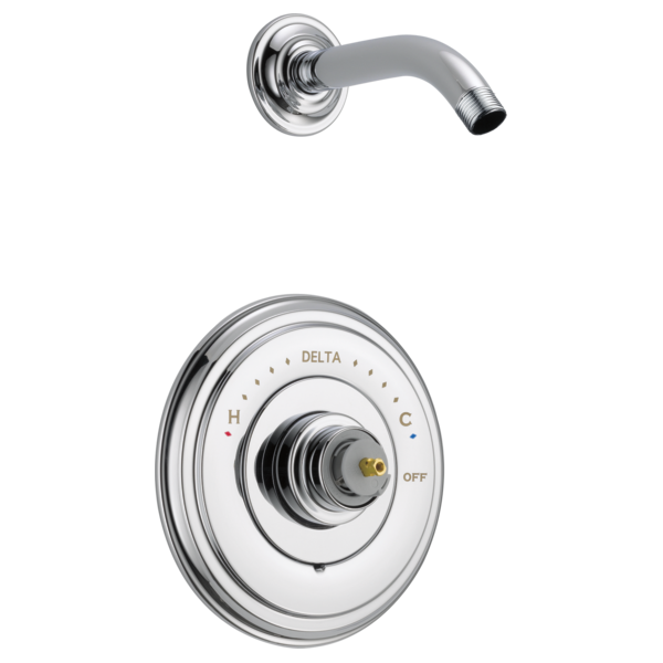 Chrome shower trim with curved arm spout and round trim plate featuring temperature dial marked with H, C, and OFF positions.