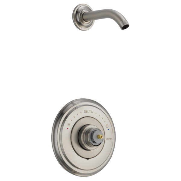 Brushed nickel shower trim kit with curved arm spout and round valve trim plate with temperature control indicator.