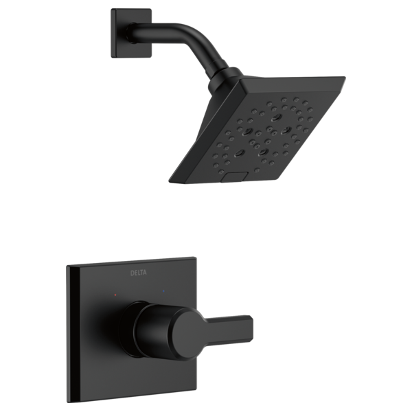 Black Delta shower trim with square showerhead and wall-mounted control valve with lever handle.