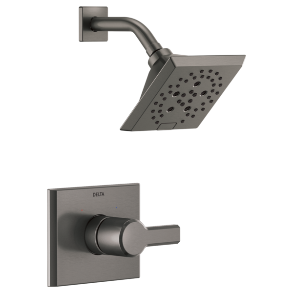 Gunmetal gray square showerhead with perforations and curved arm, paired with matching square valve trim and lever handle.